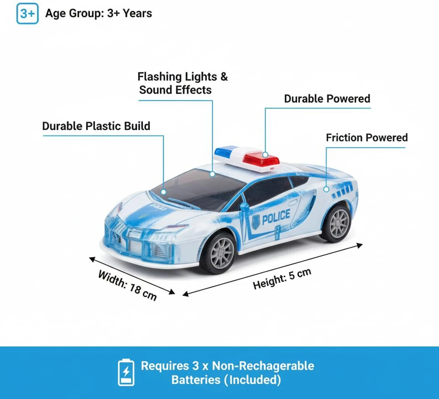 Police Car Toy for Kids Friction-Powered Vehicle with Lights & Sound
