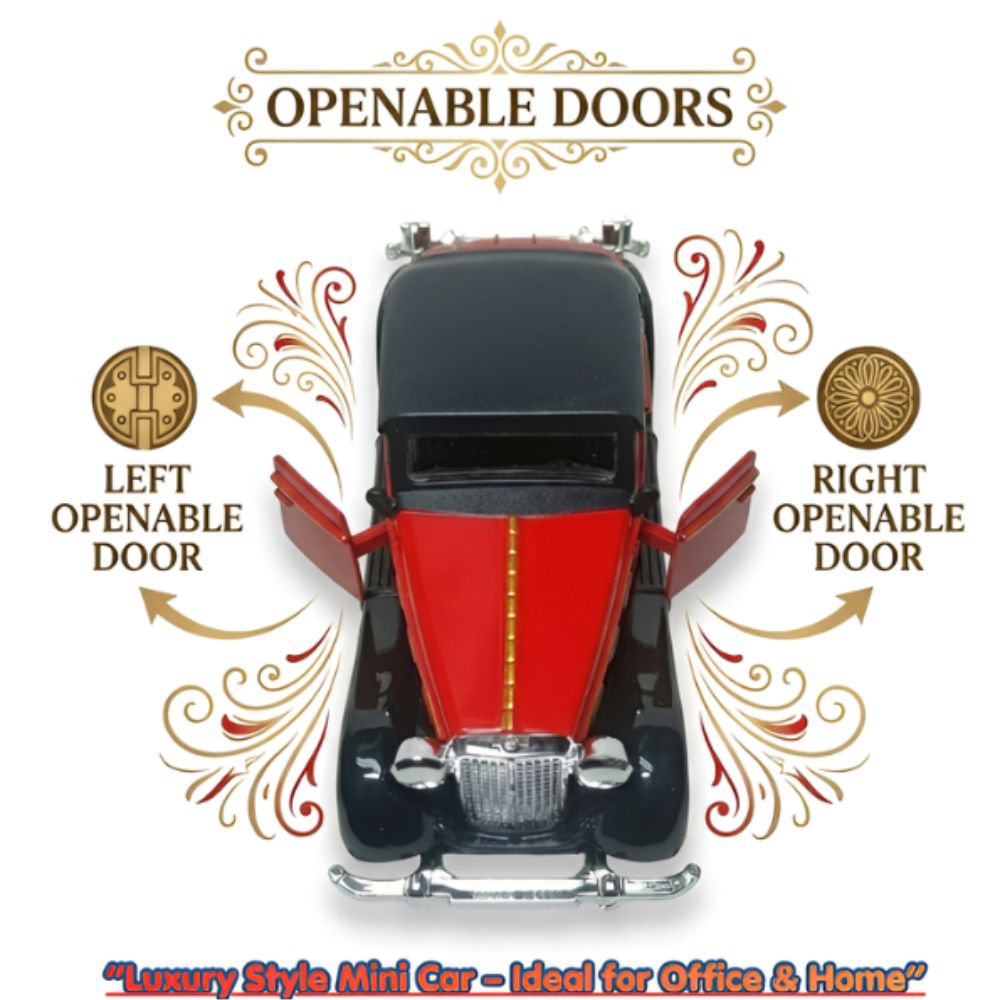 Classic Vintage Diecast Toy Car, Red 1:36 Scale Retro Metal Collectible Vehicle Model with Opening Doors, Black Hardtop Coupe
