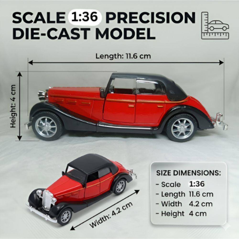 Classic Vintage Diecast Toy Car, Red 1:36 Scale Retro Metal Collectible Vehicle Model with Opening Doors, Black Hardtop Coupe