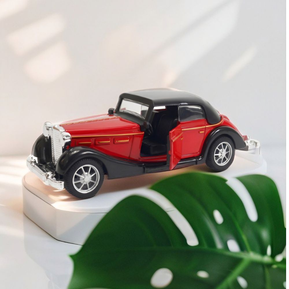 Classic Vintage Diecast Toy Car, Red 1:36 Scale Retro Metal Collectible Vehicle Model with Opening Doors, Black Hardtop Coupe